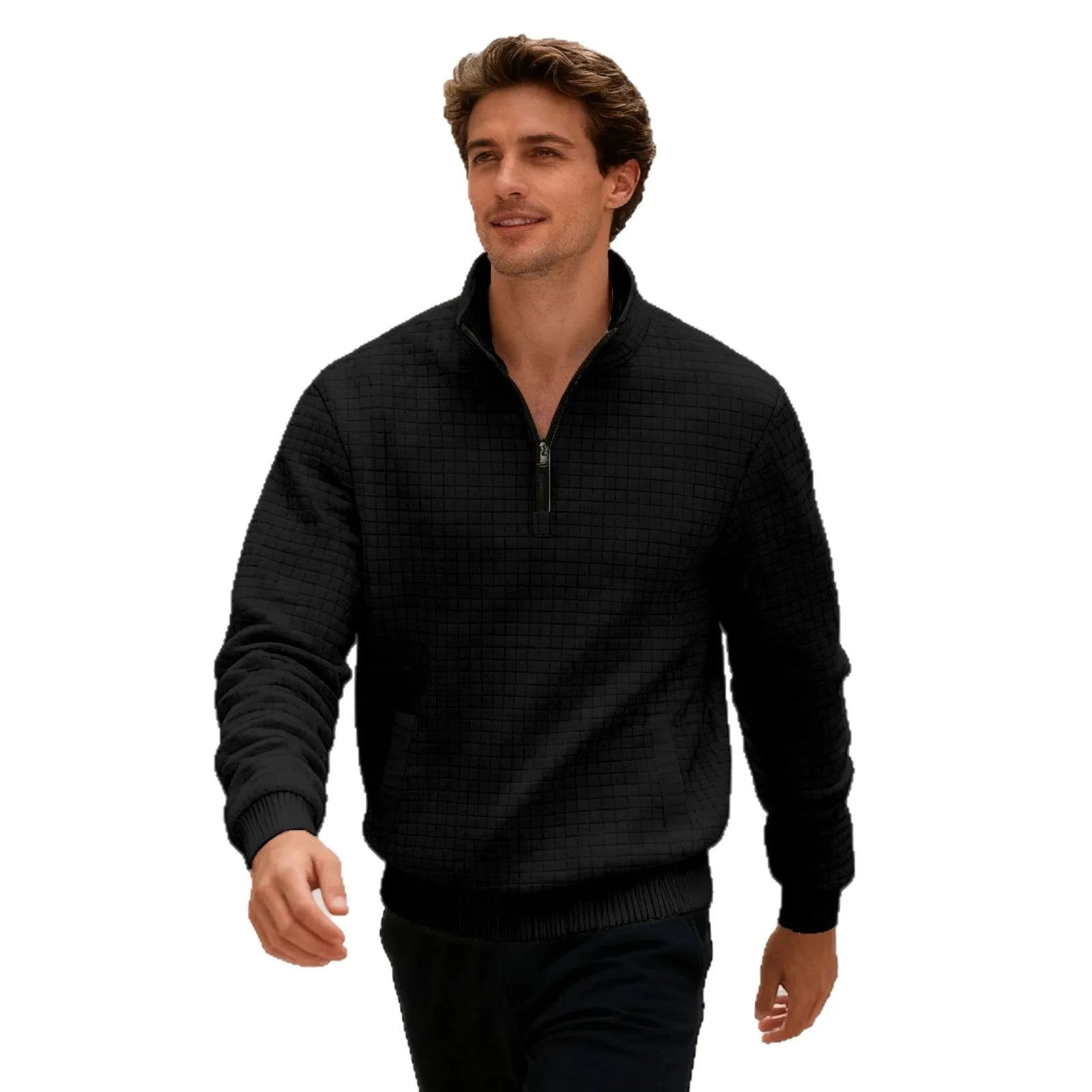 Men's grey stand-up collar long sleeve jacquard small check sweatshirt with side seam pockets