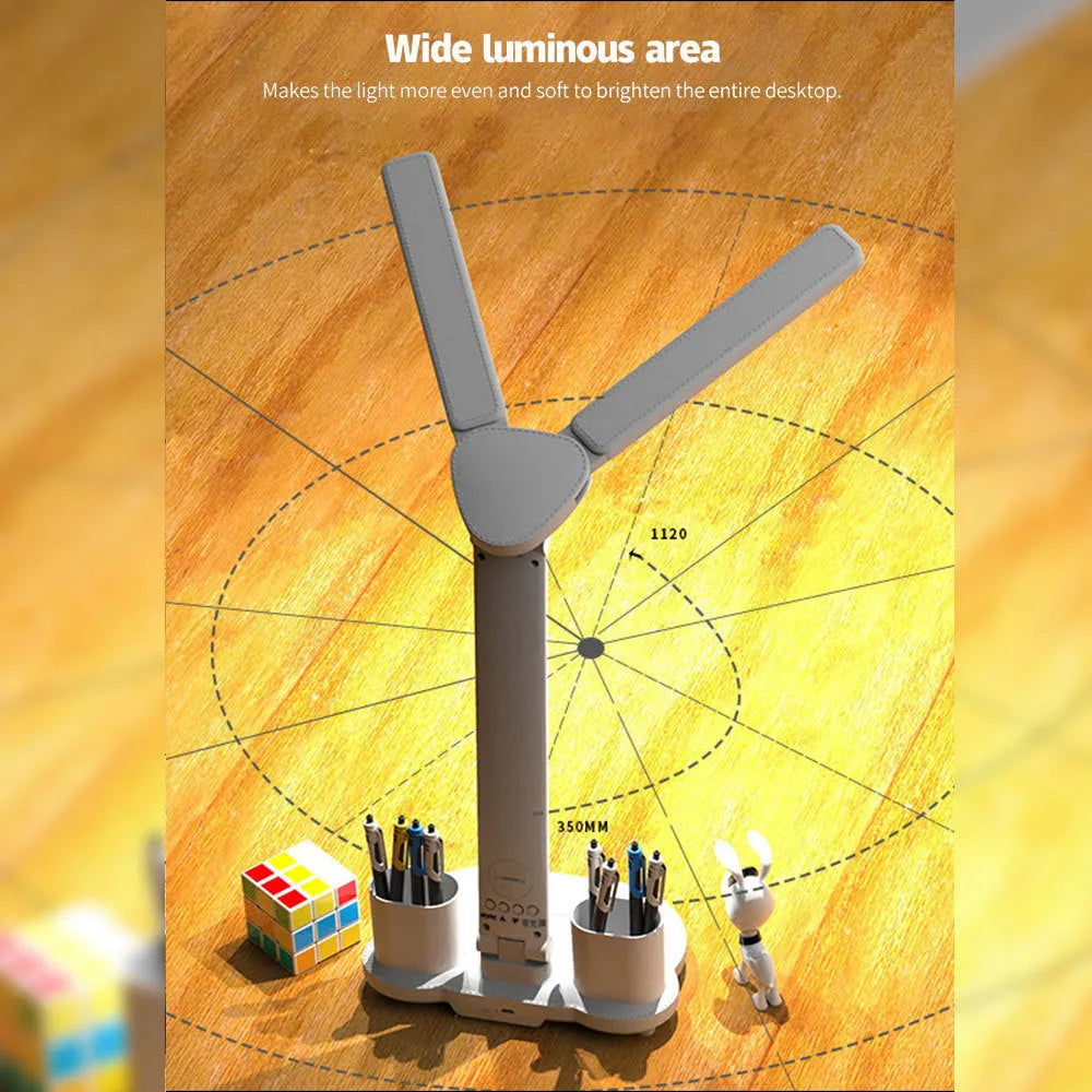 White multifunction LED desk lamp with pen holder, calendar display, and touch controls on a desk