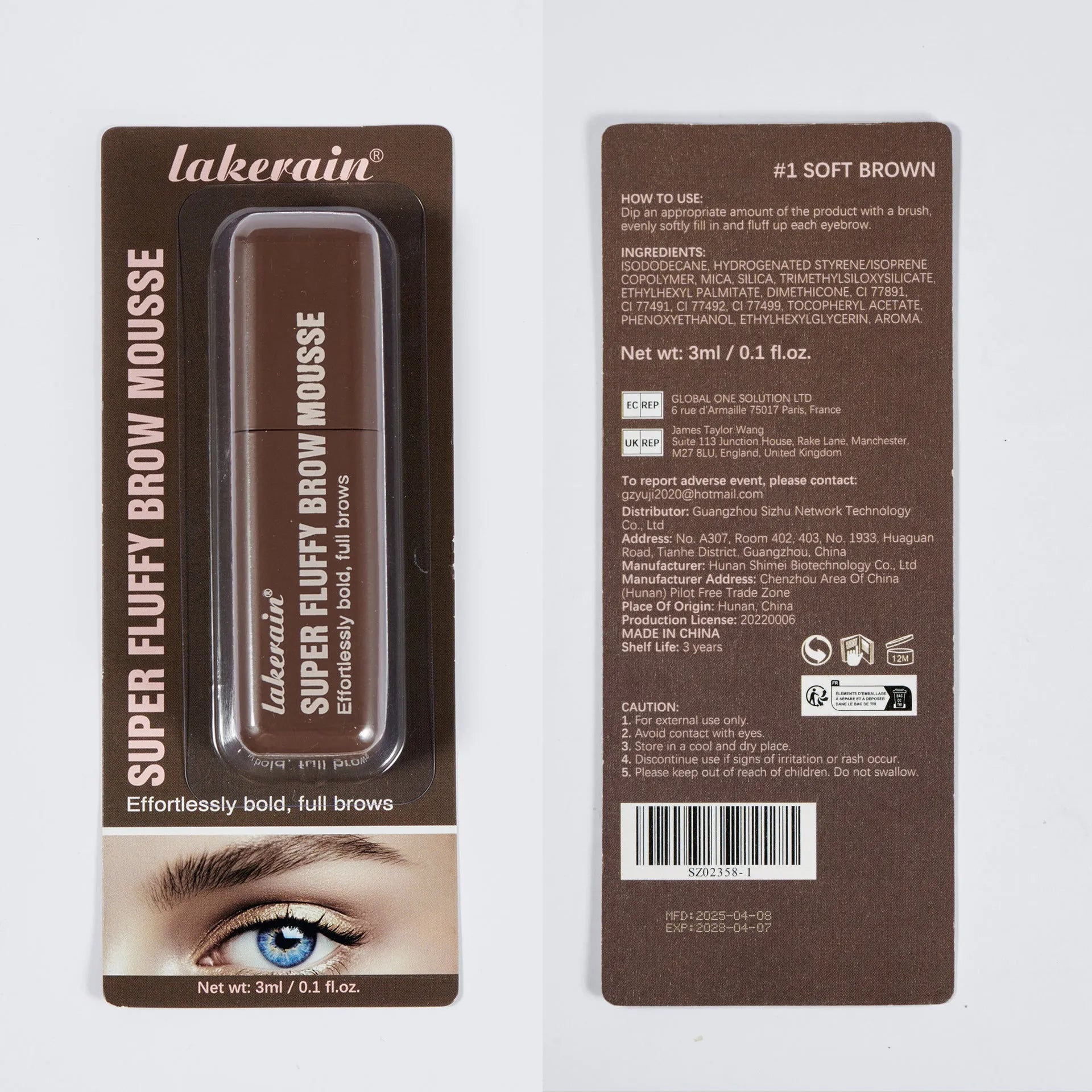 Eyebrow cream packaging showing six colour shade options for brow definition