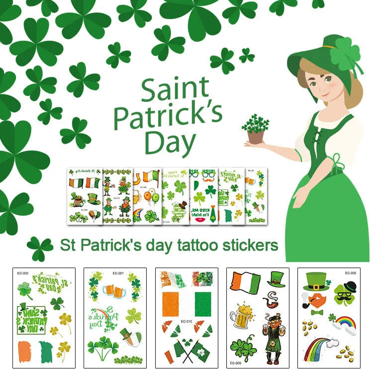 Green clover and Irish flag temporary tattoo sticker on paper backing, showing water transfer design.