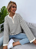 Black striped women's loose top with drop shoulders and long sleeves in viscose fabric