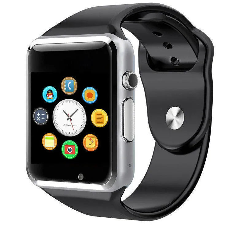 A1 Smart Watch for Android in various colours, showing screen, GSM SIM slot, and camera.