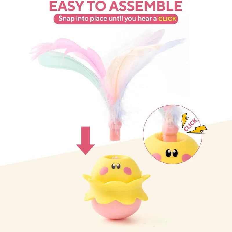 Pink interactive automatic cat feather toy with rotating LED lights and detachable feathers