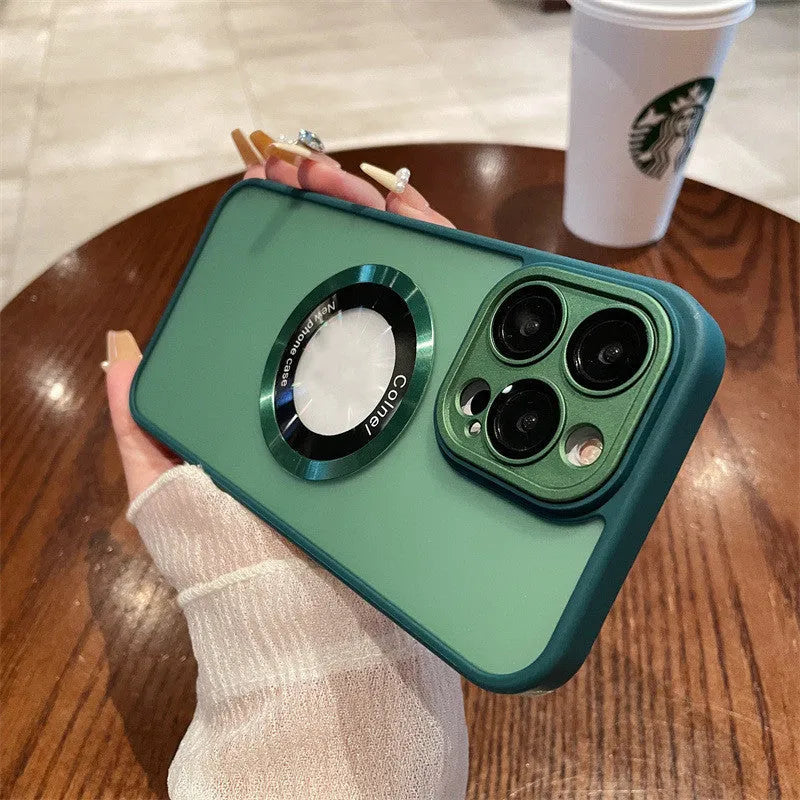 Frosted magnetic suction phone case for iPhone 15 models in blue, shown with magnetic mounting feature.