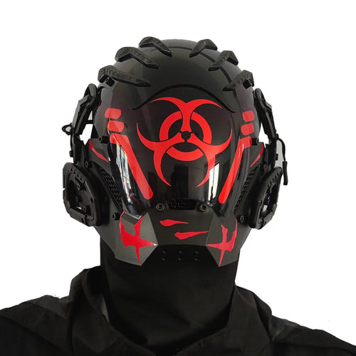 Black tech-style full face prop helmet mask for cosplay and events.