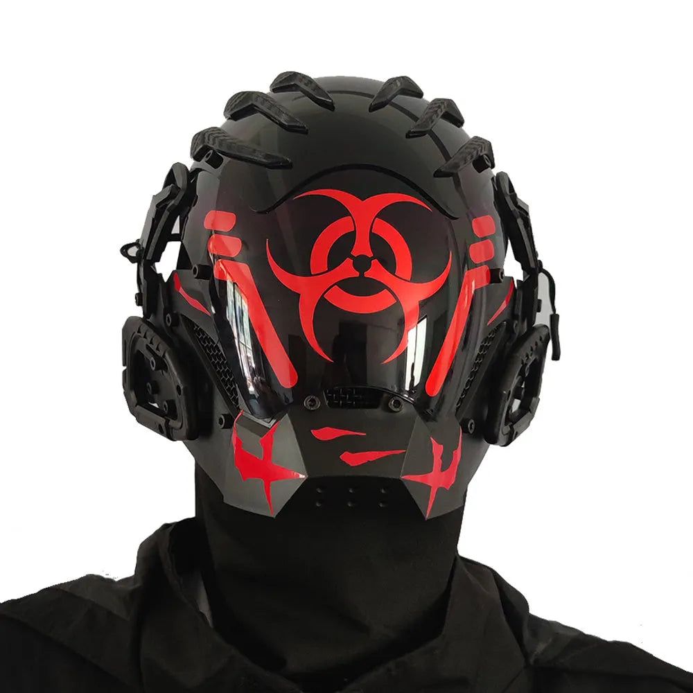 Black full face cyberpunk-style prop mask helmet for cosplay and event costumes.