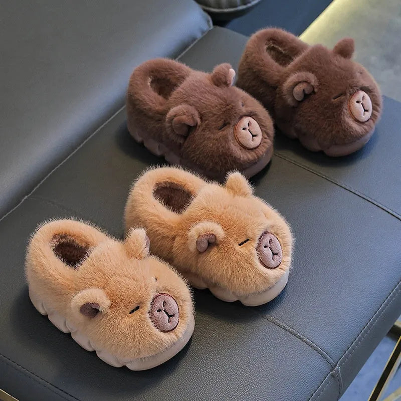 Kappabala children's winter cotton heel house slippers in light coffee colour with cartoon pattern and EVA sole