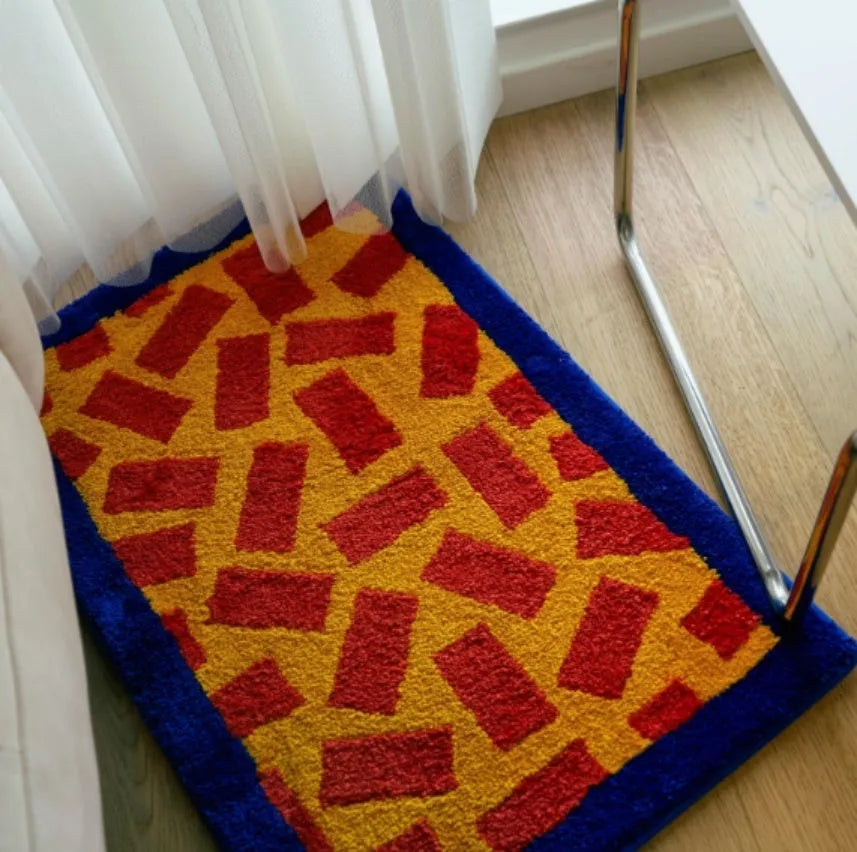 Tufted square carpet in dopamine colour matching, blue and white, 50x80cm size on floor