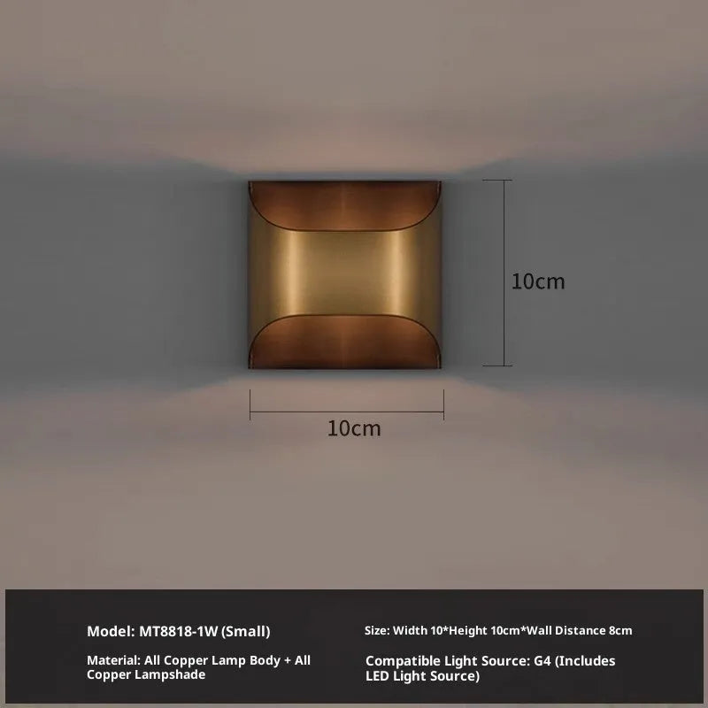 Modern minimalist full copper wall lamp in brushed copper finish, square shape, 20cm x 20cm size