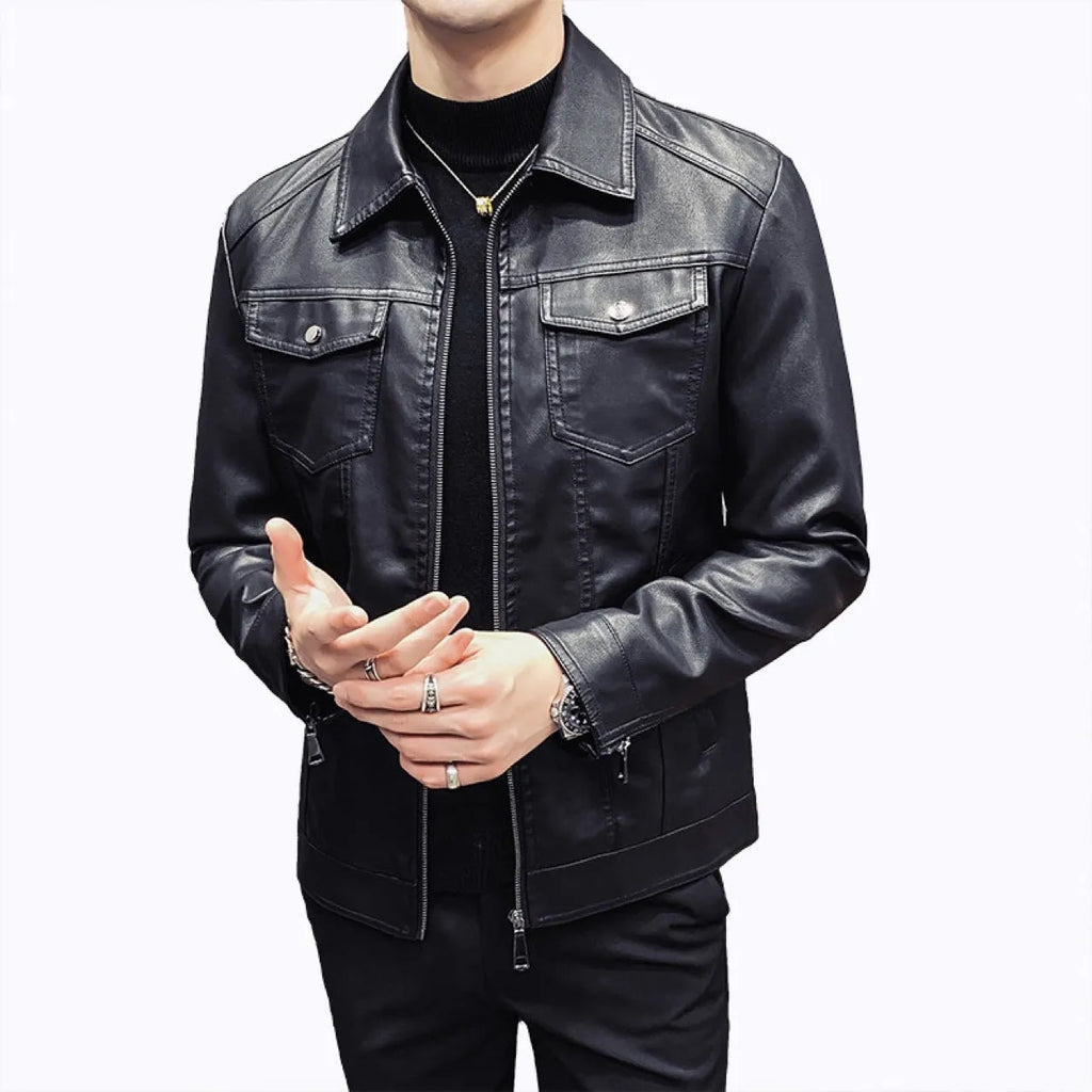Men's PU leather quilted casual jacket, short length, side seam pockets, nylon lining, regular fit.