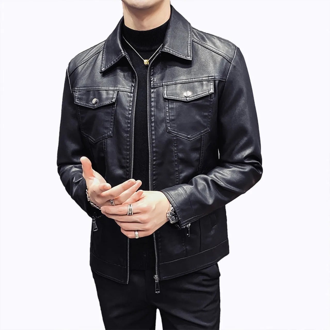 Men's PU leather quilted casual jacket, short length, side seam pockets, nylon lining, regular fit.