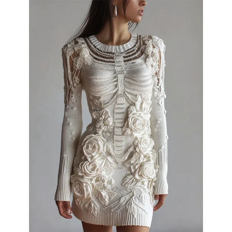 Women wearing a 3D printed Halloween long sleeve dress with v-neck and mid waist in black colour