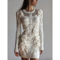 Women wearing a 3D printed Halloween long sleeve dress with v-neck and mid waist in black colour