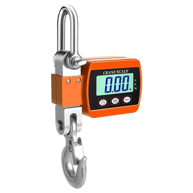 Blue digital hanging hook scale with LCD display showing weight, measuring 22cm long.