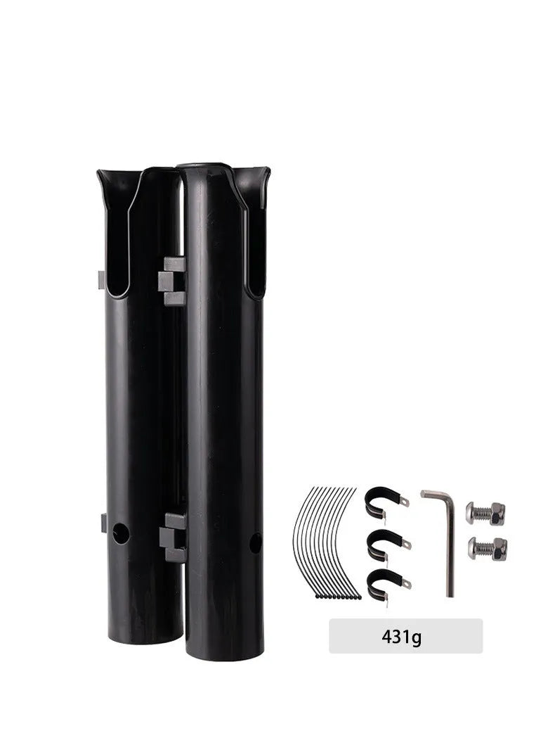 Double-layer plastic fishing rod rack with adjustable clamp mounted on bicycle frame