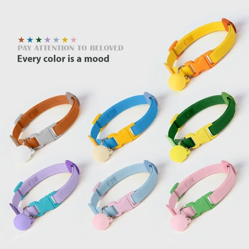 A stretchy yellow polyester dog collar for small breeds, shown adjusted to fit, with a metal D-ring.