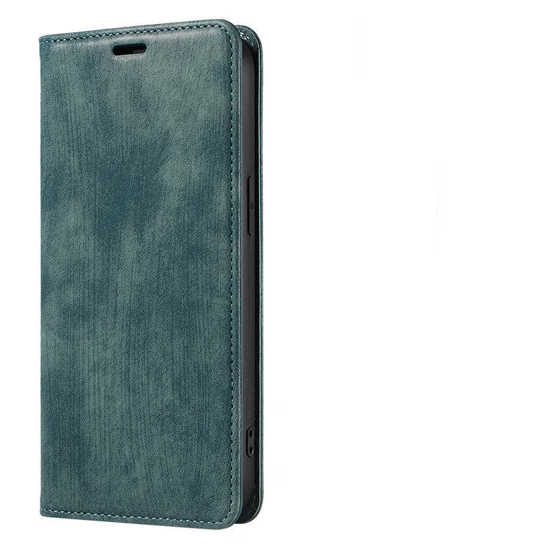 Magnetic flip phone case in grey showing interior card slots, compatible with various iPhone models.