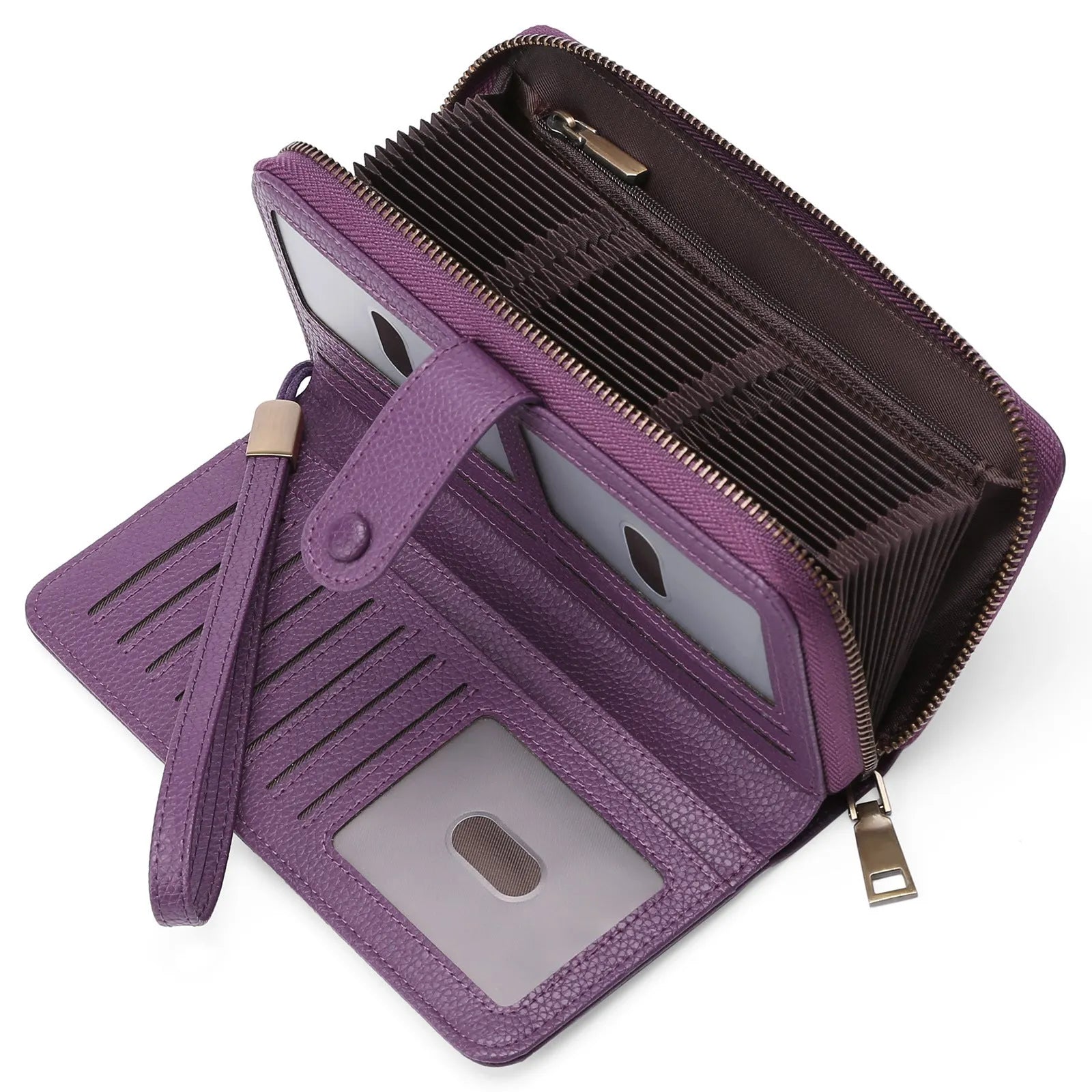 Light brown expanding card holder wallet for women showing multiple card slots and anti-theft swiping feature.