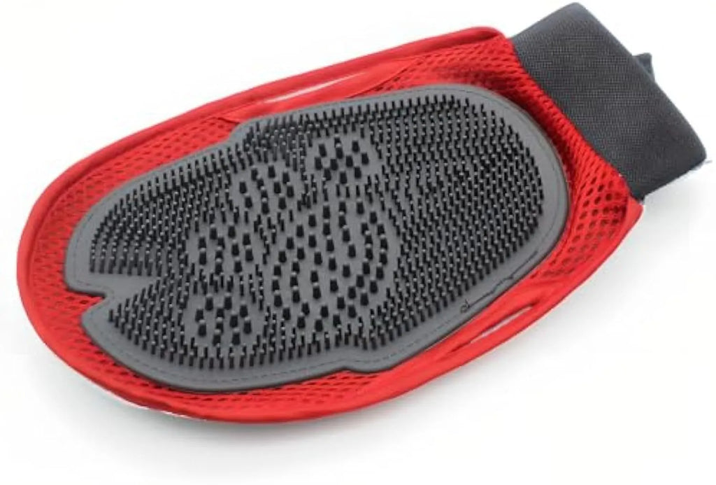 Red pet bathing glove with silicone massage fingers for hair removal during grooming