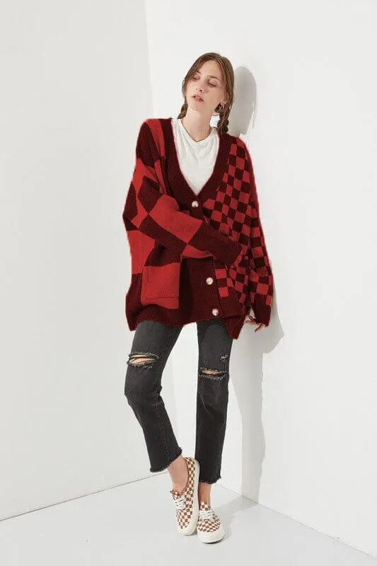 Loose slim fit cardigan with printed checks pattern in polyester spandex blend fabric
