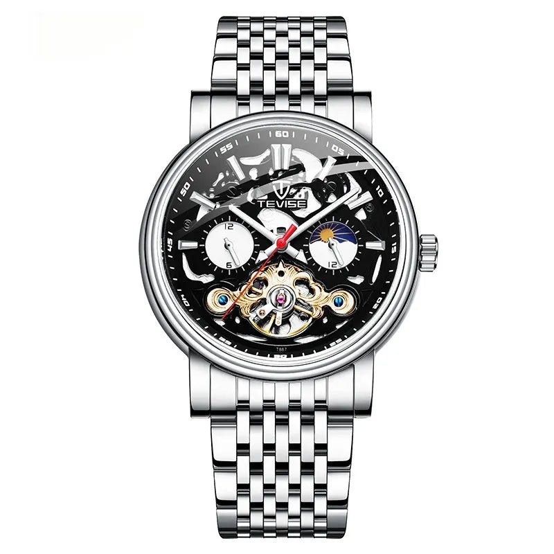 Men's tourbillon mechanical watch with luminous hands on a steel bracelet, showing a black dial.