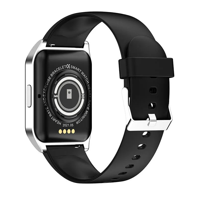 Black smart watch with 1.69-inch screen on a silicone strap, showing heart rate and call icons