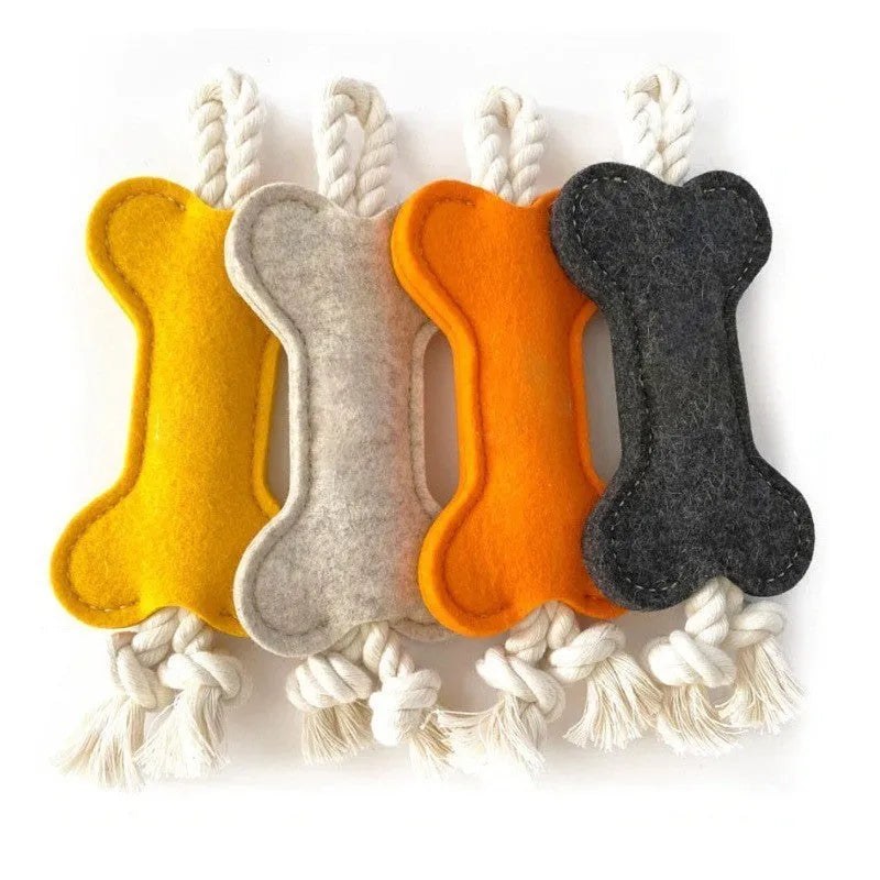 Felt bone shaped dog toy with rope knots in blue colour showing dimensions