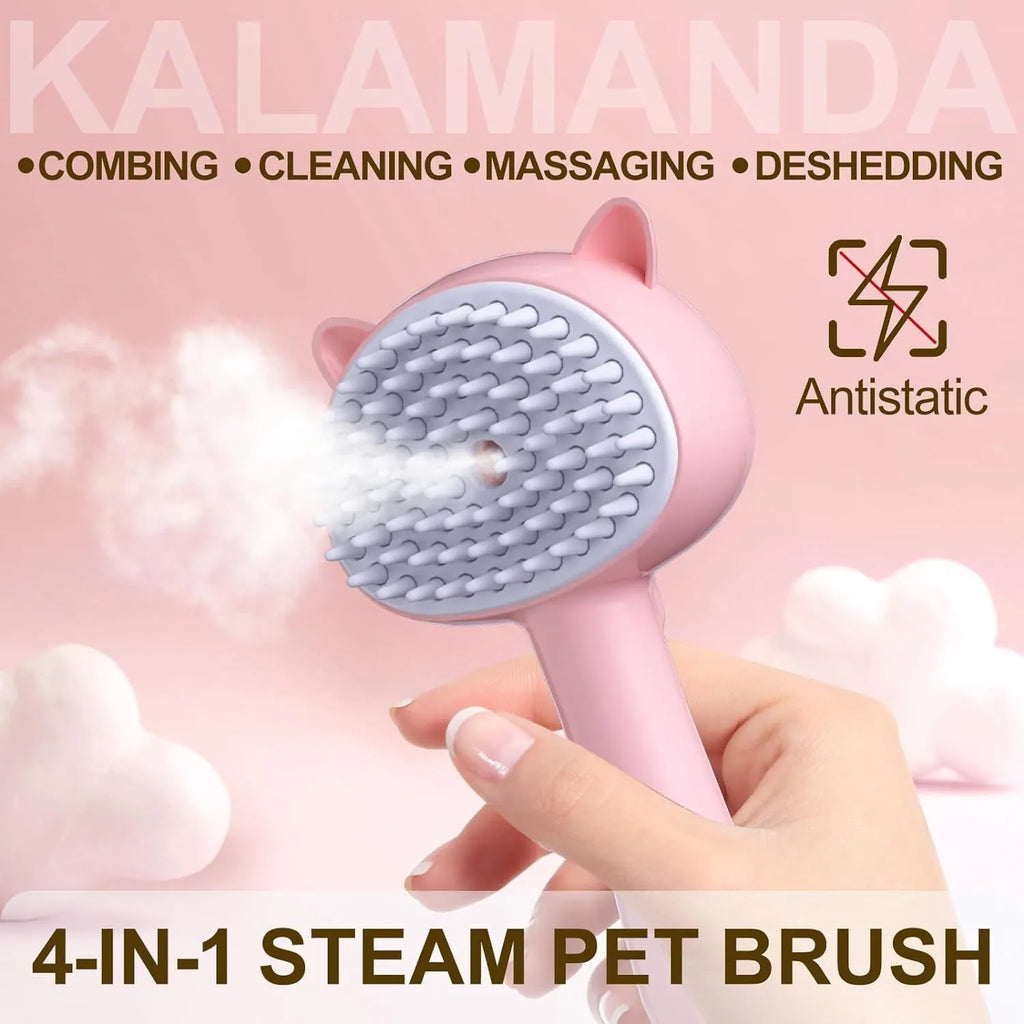 Blue cat steam brush with ergonomic handle, rubber bristles and mist spray function for pet grooming