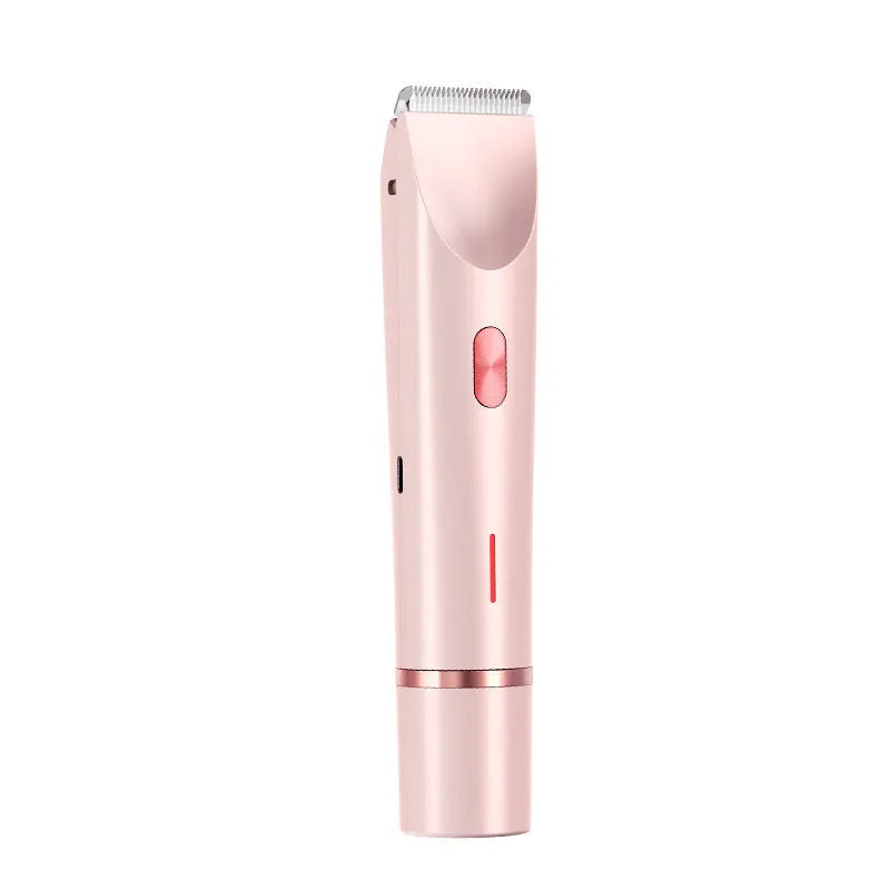 Pink women's electric hair trimmer with two detachable heads on a white background