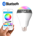 Smart Bluetooth speaker LED light bulb with E27 base, showing multi-coloured RGB lighting.