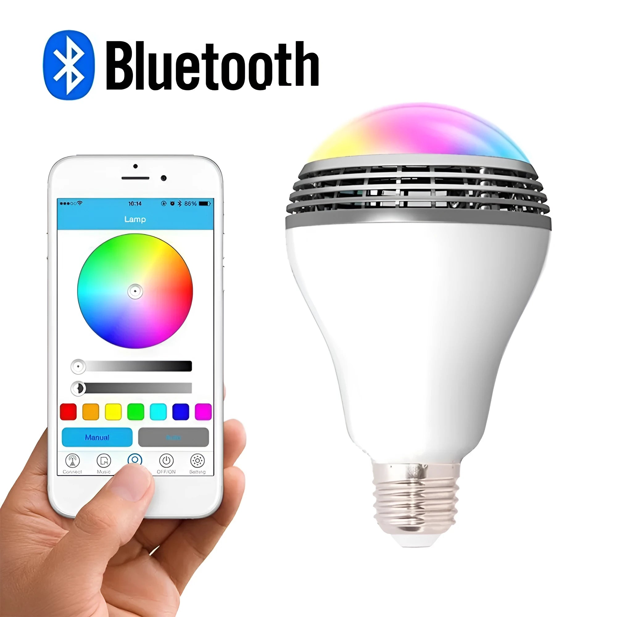 Smart Bluetooth speaker LED light bulb with E27 base, showing multi-coloured RGB lighting.