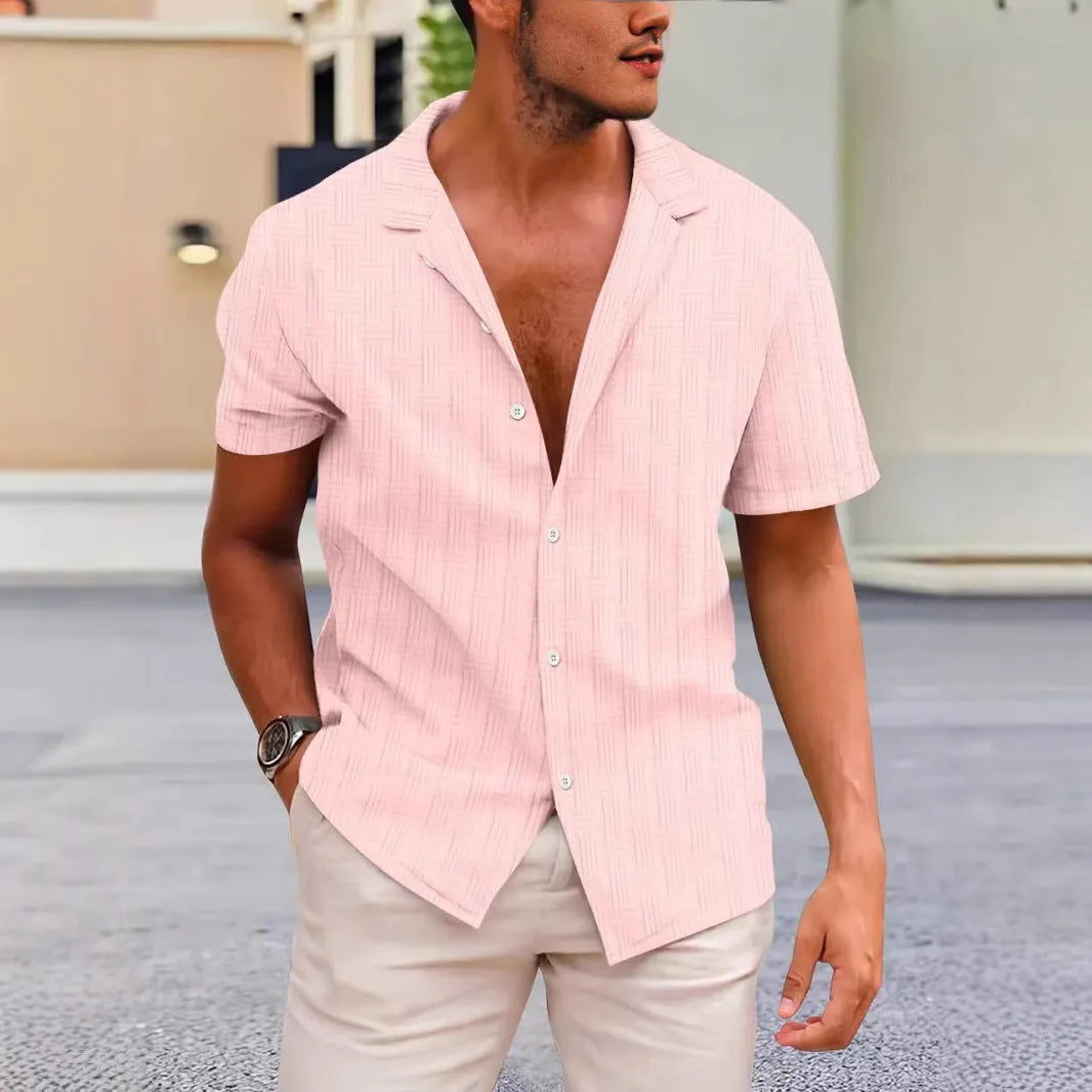 Men's apricot corduroy short sleeve button-up shirt with a British cardigan style on a hanger.