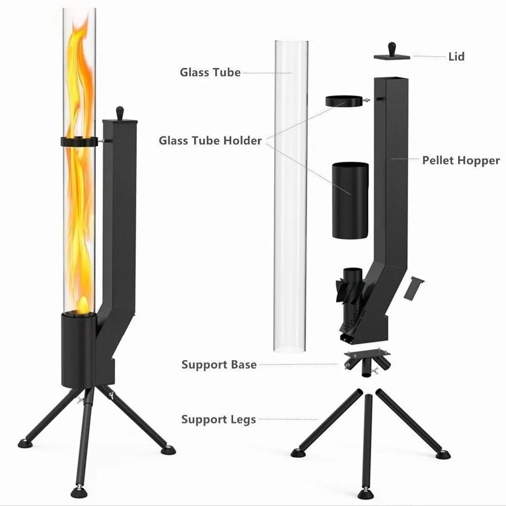 Vertical wood burning rocket furnace heating stove with cast iron construction for courtyard use