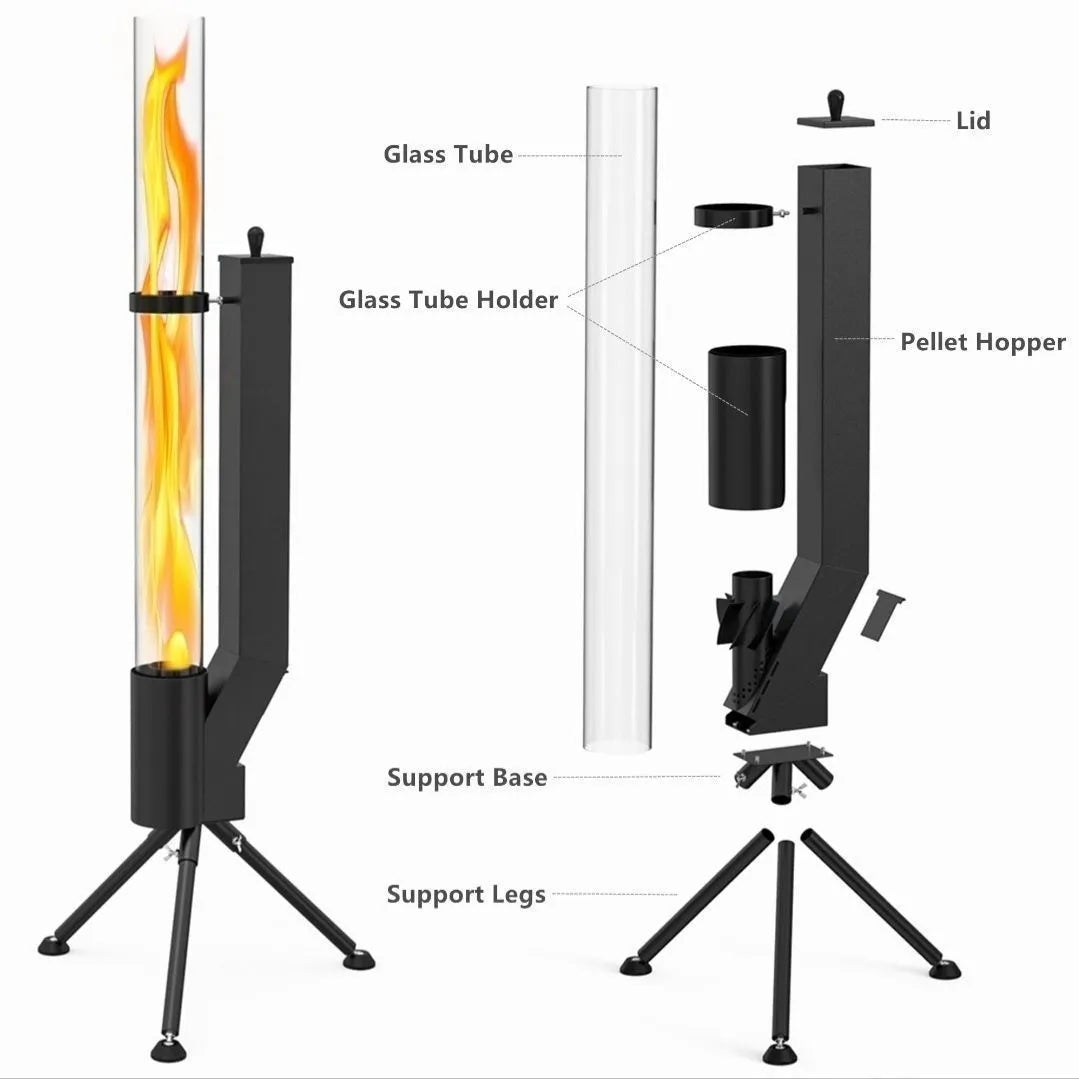Vertical wood burning rocket furnace heating stove with cast iron construction for courtyard use