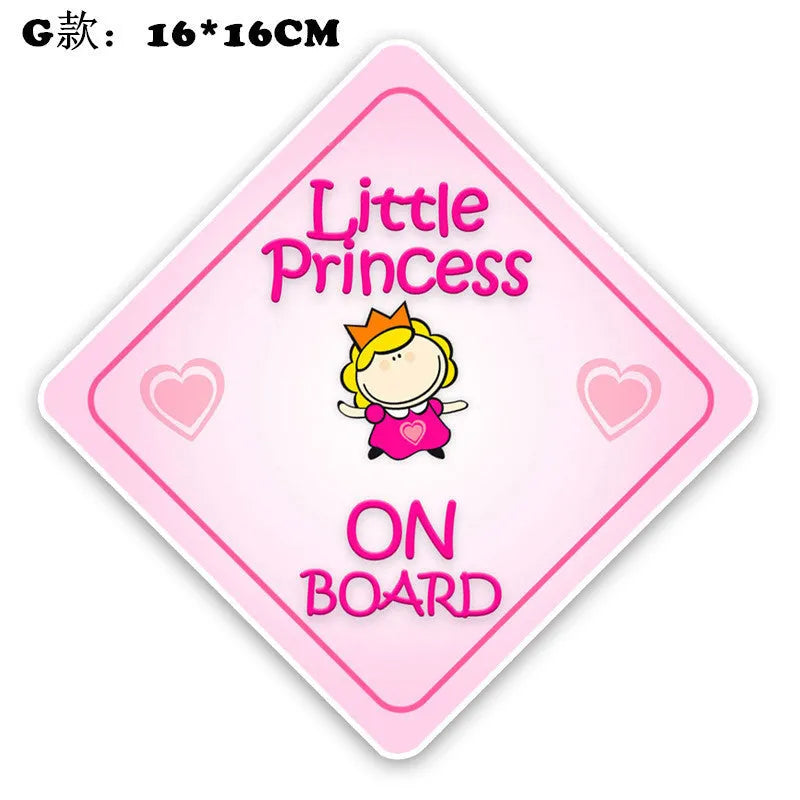 Baby on board reflective car bumper sticker on white background, showing example of baby-themed design.