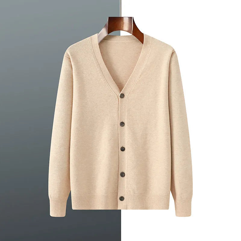Men's loose-fit V-neck cardigan coat in Andy velvet fabric shown in beige colour.