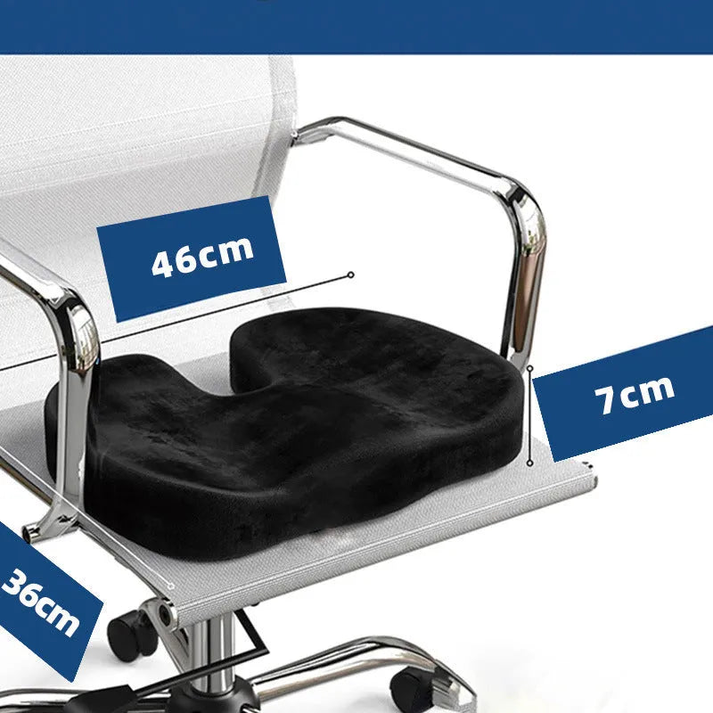 Black flannel U-shaped memory foam office seat cushion showing dimensions 46cm by 36cm.