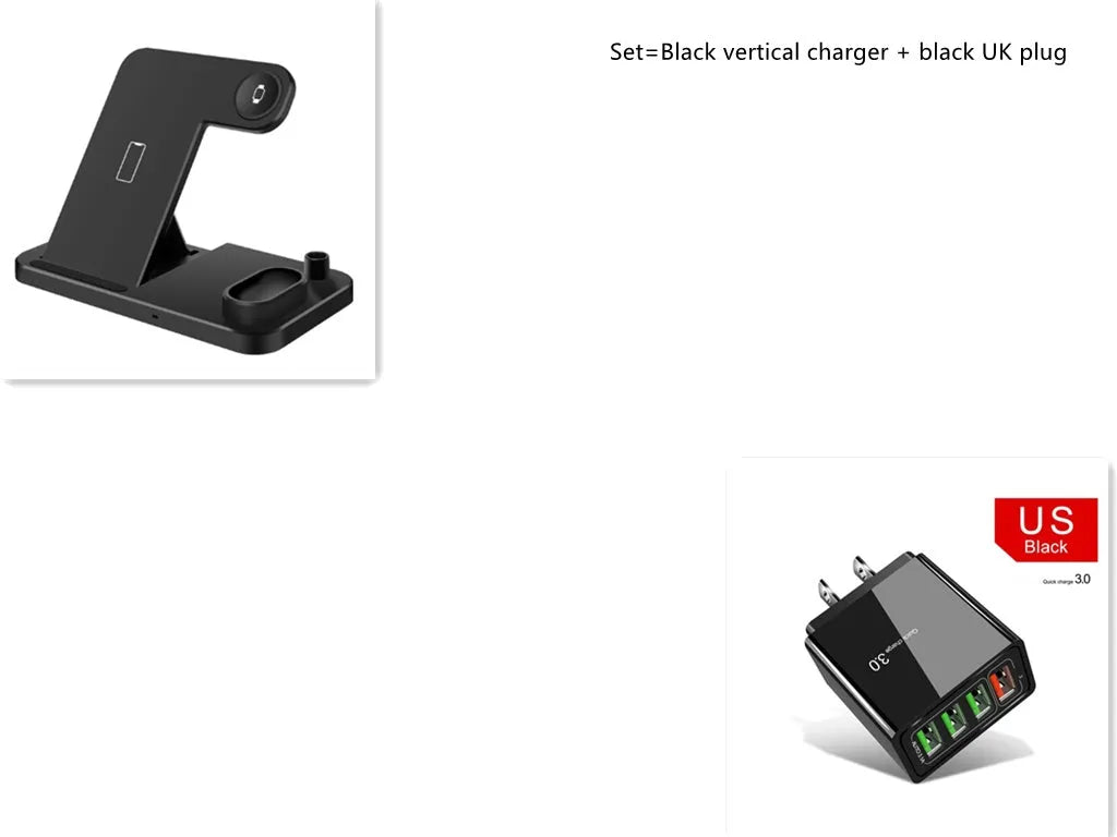 Black foldable 4-in-1 wireless charging station showing phone, Apple Watch, and AirPods charging simultaneously.