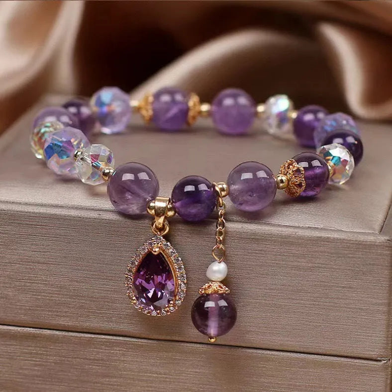 Purple natural amethyst crystal bracelet for women with micro inlay detailing.