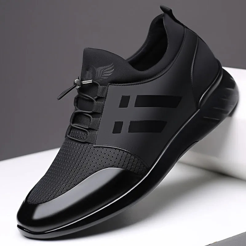 Men's black casual sneakers with round toe and low-top design for invisible height increase.