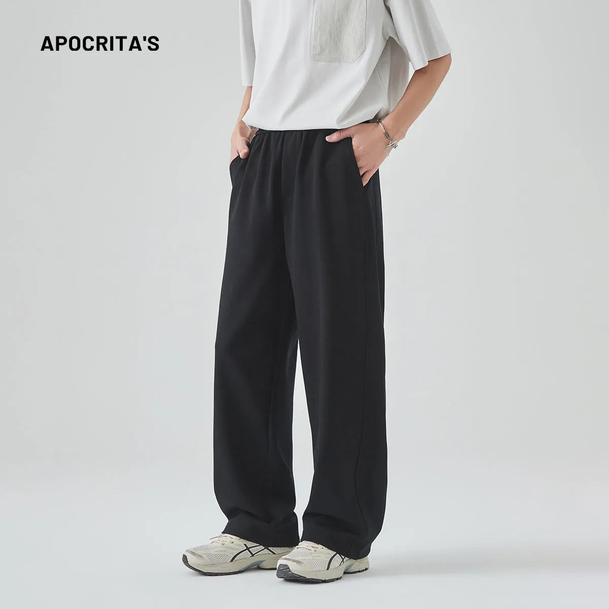 Men's straight-leg casual trousers in Paris grey with high waist and lace-up detail
