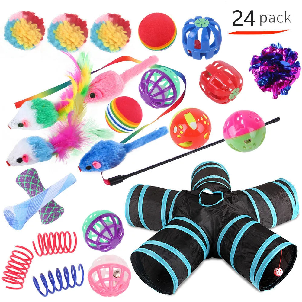 Plastic cat channel tunnel toy set showing single and double layer designs