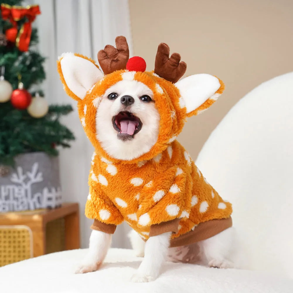 Elk Christmas costume on a medium-sized dog, showing fleece-lined interior and two-legged design.