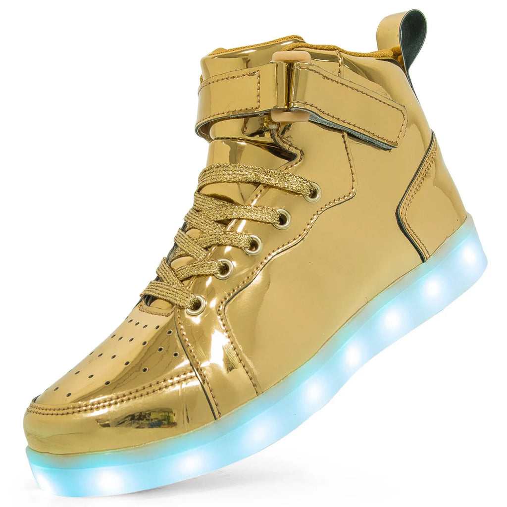 A pair of black high-top LED sneakers with Velcro straps and lights glowing in the rubber sole.