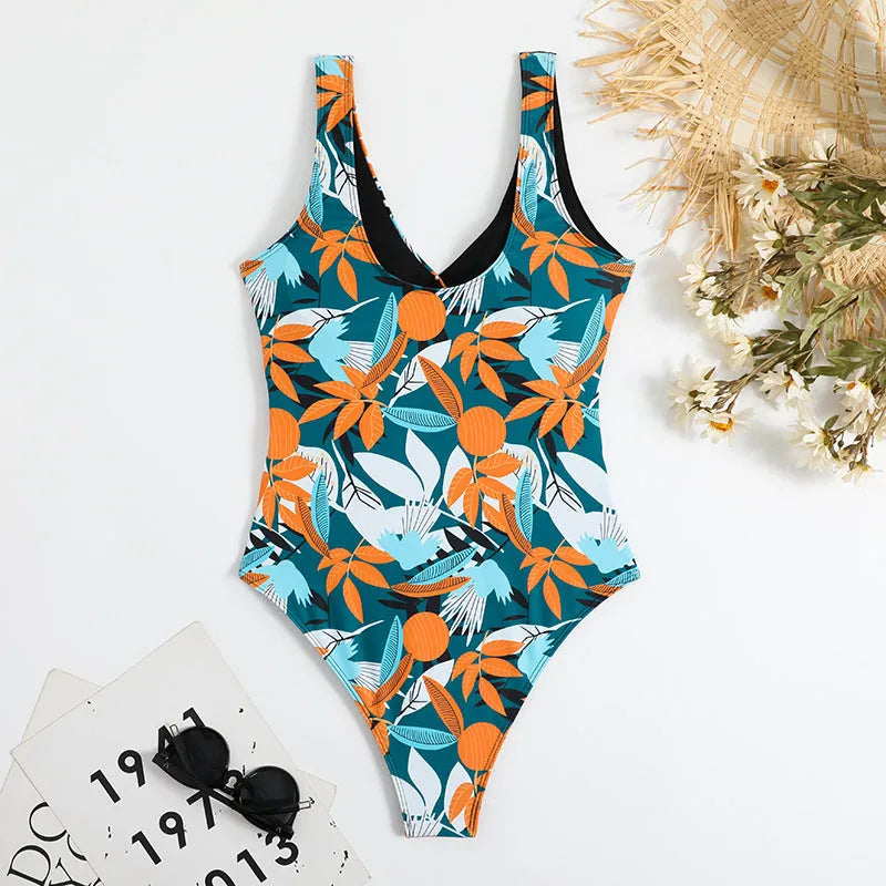 Women's high-waist one-piece bikini with printed pattern in quick-dry polyester fabric