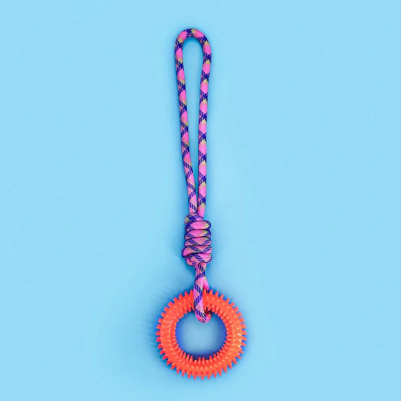 Blue, red and rose red braided rope dog toy with knots for aggressive chewing