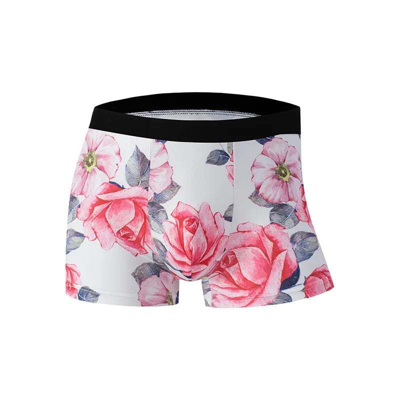 Men's printed ice silk underwear in floral pattern showing mid-waist design