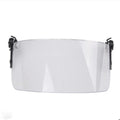 Transparent polycarbonate helmet mask with guide rail for attachment, showing semi-rimless sports design.
