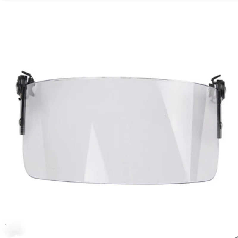 Transparent polycarbonate helmet mask with guide rail for attachment, showing semi-rimless sports design.