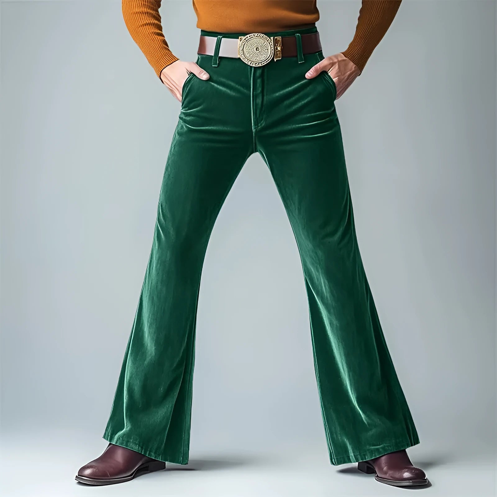 Men's gold velvet slim flared suit trousers in black, dark red, green, blue, khaki, brown or yellow